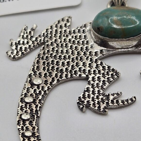 Stunning LARGE Natural Green Turquoise Lizard Gecko Pendant Sterling Silver 925 - Picture 5 of 10